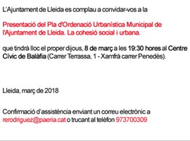 Presentació del Pla d'Ordenació Urbanística Muncipal de l'Ajuntament de Lleida. La cohesió social i urbana 
