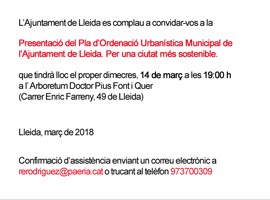 Presentació del Pla d'Ordenació Urbanística Municipal de l'Ajuntament de Lleida. Per una ciutat més sostenible.