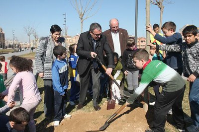 225 escolars planten una cinquantena d'arbres al Parc del Cobriment de les Vies