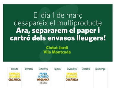 El model de recollida porta a porta a Ciutat Jardí i Vila Montcada canvia a partir de l’1 de Març 